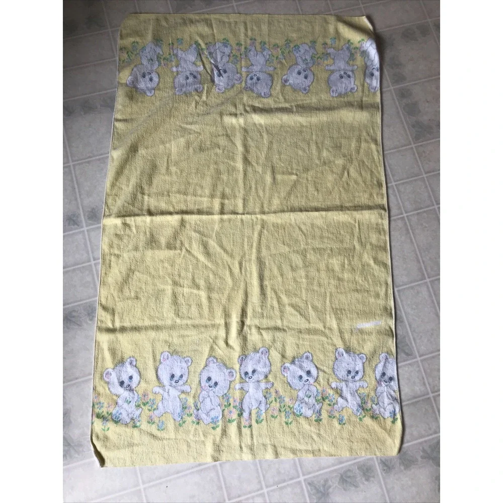 Vintage Soft Yellow Flannel Teddy Bear Border Receiving‎ Blanket Yellow 40x24
